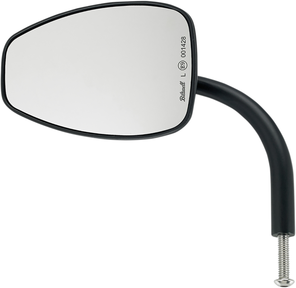 Black Tear Drop BILTWELL motorcycle mirror with sleek design, mounted on a bike handlebar, featuring reflective glass surface.