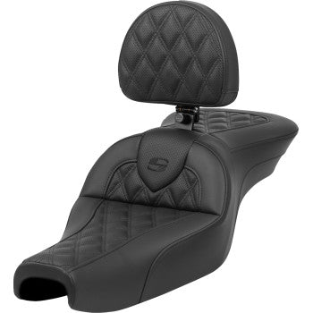 Leather SADDLEMEN Roadsofa™ motorcycle seat with backrest, lattice stitch pattern, designed for XL models 2004-2022.