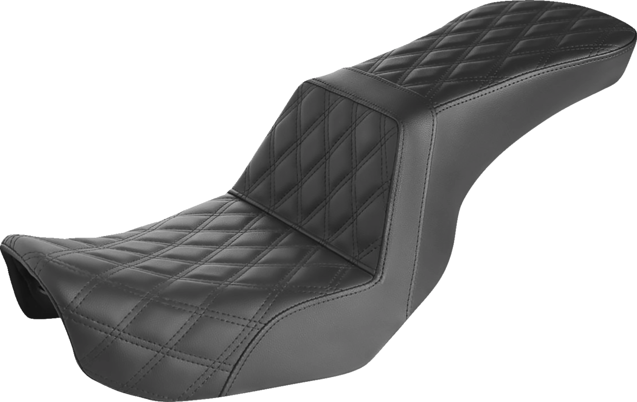Black SADDLEMEN Step-Up Seat with full lattice stitch for Dyna motorcycles, featuring durable construction and stylish design.