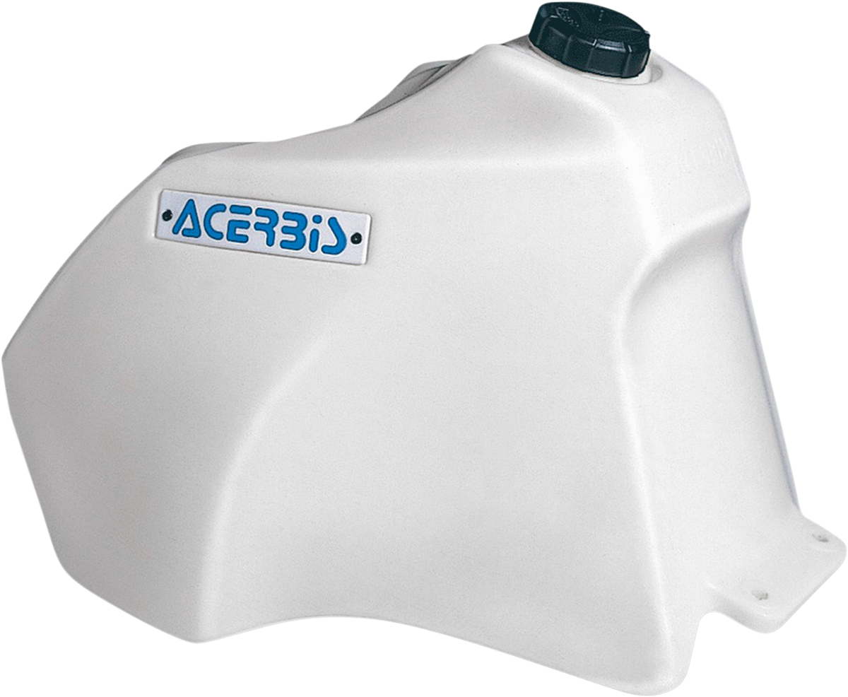 White Acerbis gas tank for Suzuki, 6.6-gallon capacity, motorcycle body part with brand and product details visible.