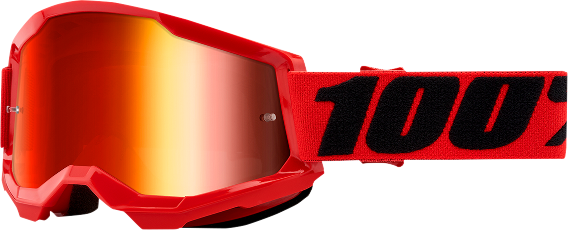 Bill's Exhausts 100% Strata 2 Goggles in red with red mirror lenses, featuring a sleek design for sports and outdoor activities.