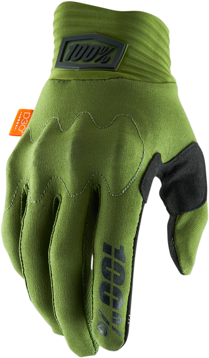 Green and black Bill's Exhausts Cognito gloves in medium size, showing textured fabric and secure wrist closure.