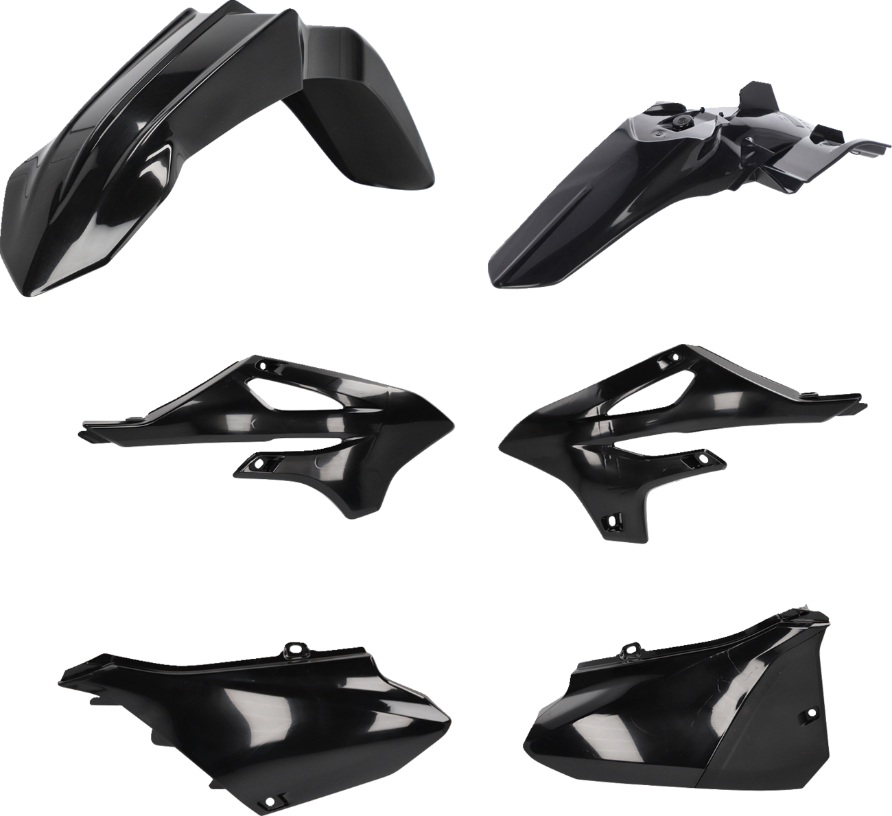 Acerbis black replacement body kit for YZ85 motocross bike, showcasing sleek black plastic panels and components.