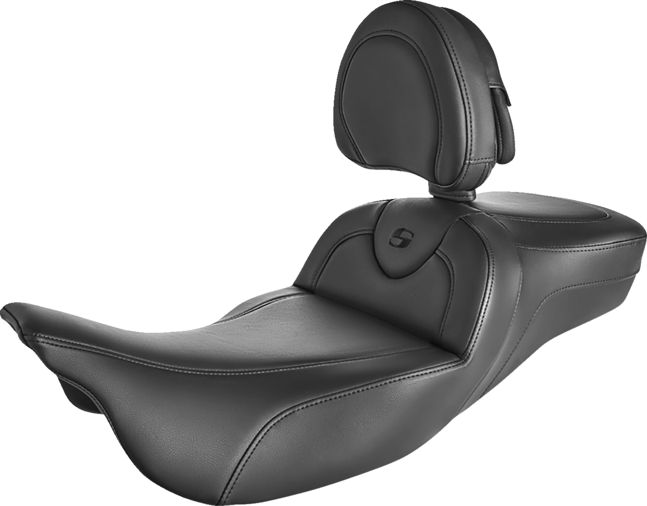 Bill's Exhausts SADDLEMEN Roadsofa extended reach motorcycle seat with backrest, black with black stitching, for comfortable riding.