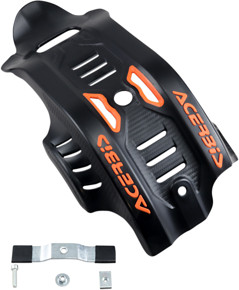 Acerbis black and orange skid plate for Husqvarna and KTM motorcycles, designed to protect the bike’s body and engine.