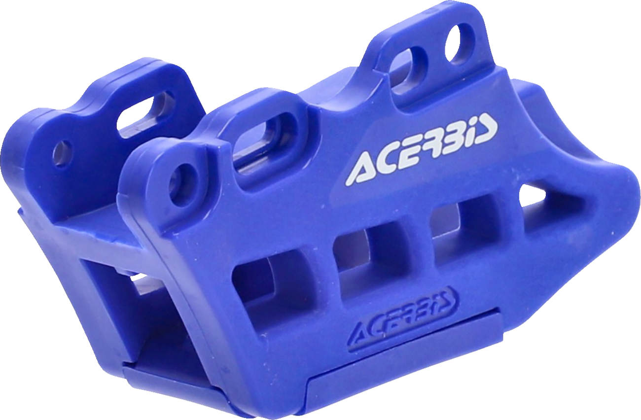 Blue ACERBIS chain guide for Yamaha motorcycles, mounted on the bike's body, with detailed product design and branding visible.