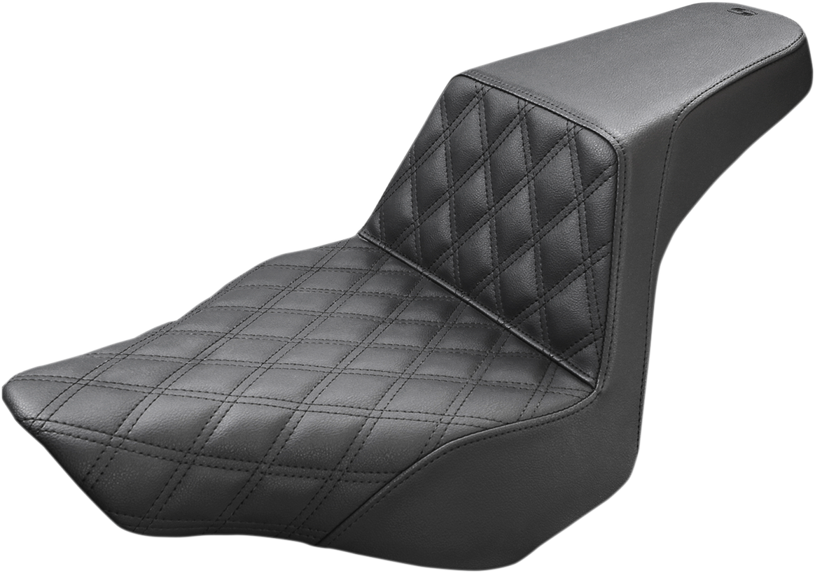 Black SADDLEMEN Step-Up Seat with front lattice stitch for FXSB motorcycles, designed for comfort and style.