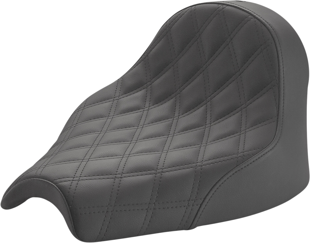 Black SADDLEMEN Renegade Solo seat with lattice stitching, designed for motorcycle seats by Bill's Exhausts.