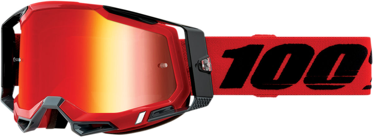 Bill's Exhausts Racecraft 2 goggles in red with red mirror lenses, featuring a sleek racing design and adjustable strap.