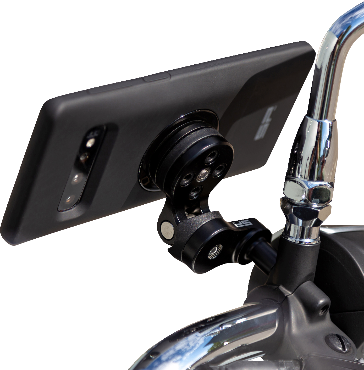 Bill's Exhausts SP CONNECT Pro Clutch phone mount in black attached to a vehicle handlebar, designed for secure smartphone attachment.