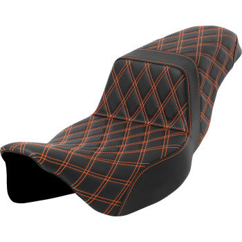 Bill's Exhausts SADDLEMEN Step-Up Seat with lattice stitch and orange stitching for FLH/FLT 2008-2023, extended reach motorcycle seat.