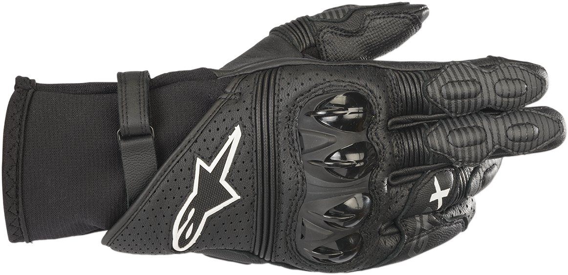 Alpinestars GPX V2 Black motorcycle gloves in 3XL size, showing textured knuckle protectors and wrist closure for safety and comfort.