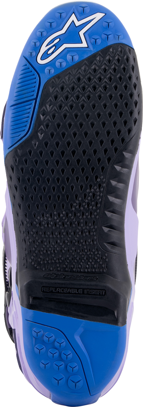 Alpinestars Tech 10 motorcycle boots in laser purple with black accents, US size 11, featuring protective armor and durable design.