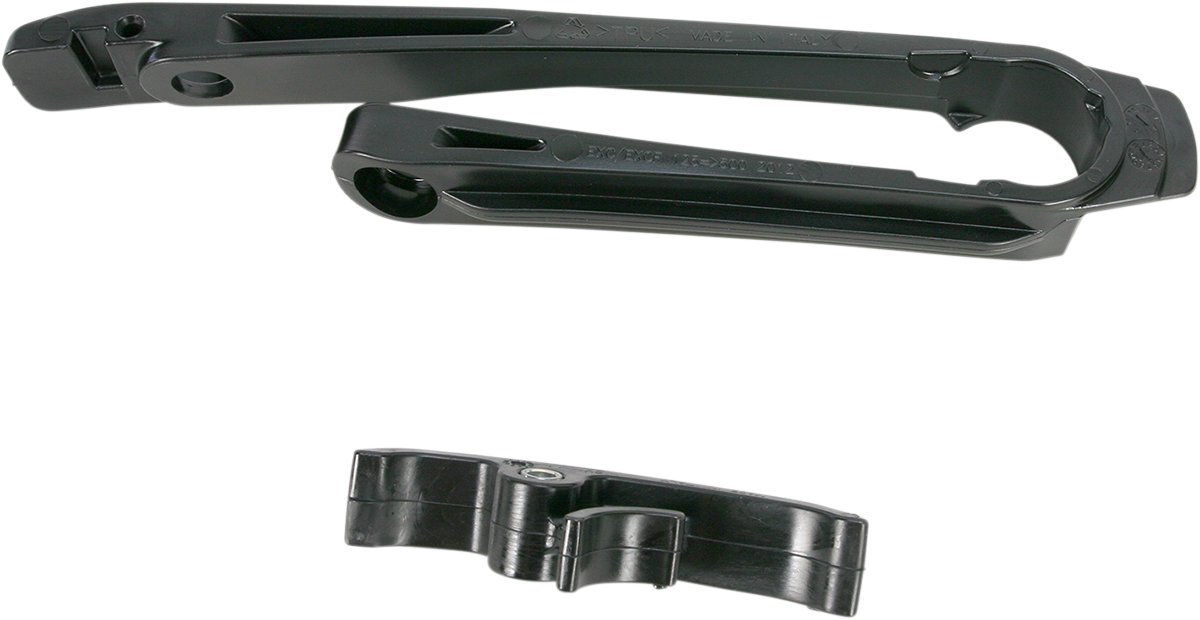 A black ACERBIS chain slider for KTM motorcycles, designed to protect the chain and swingarm from wear and damage.