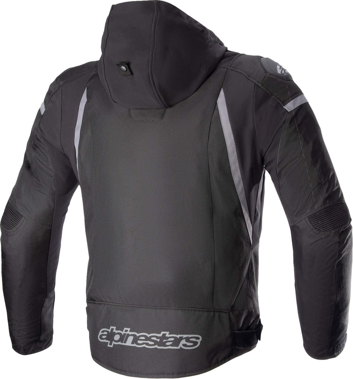 Alpinestars Zaca waterproof jacket in black and gray, XL size, showing front view with hood and waterproof material.