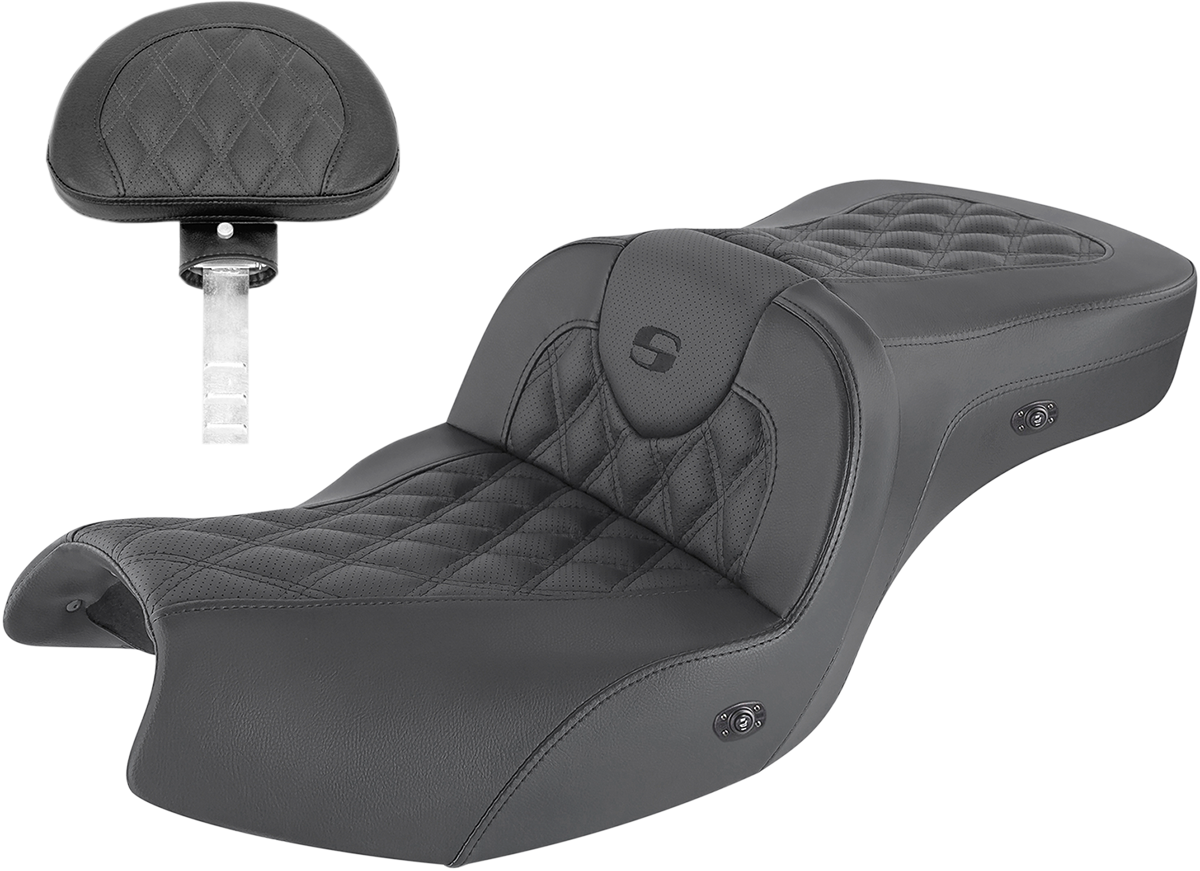 Black SADDLEMEN Roadsofa seat with backrest, full lattice stitch, heated feature, designed for motorcycle comfort, by Bill's Exhausts.