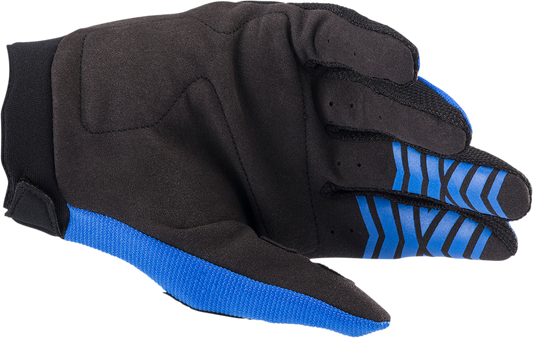 Alpinestars Youth Full Bore gloves in blue and black, medium size, featuring protective knuckles and adjustable wrist straps.