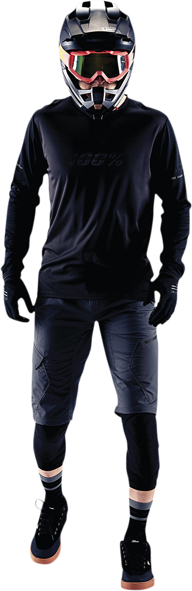Bill's Exhausts 100% Ridecamp Long-Sleeve Jersey in black and charcoal, size large, with breathable fabric and cycling fit.