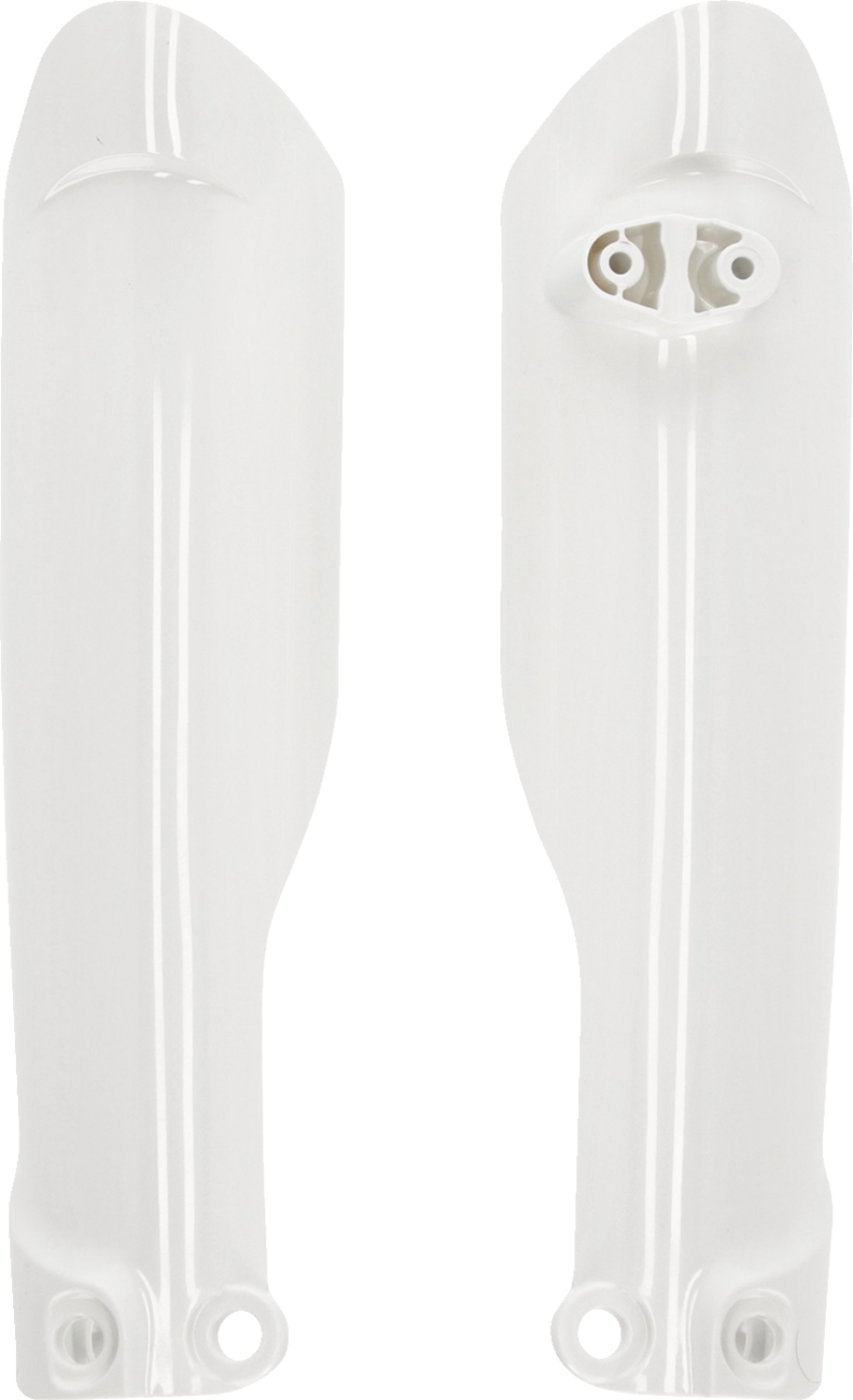 White Acerbis lower fork cover for motorcycle front suspension, designed for durability and style.