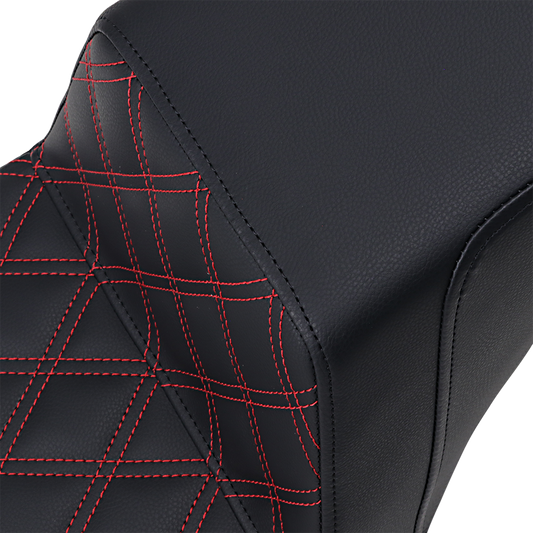 Black Saddlemens Step-Up Seat with front lattice stitch and red stitching for motorcycles, designed by Bill's Exhausts.