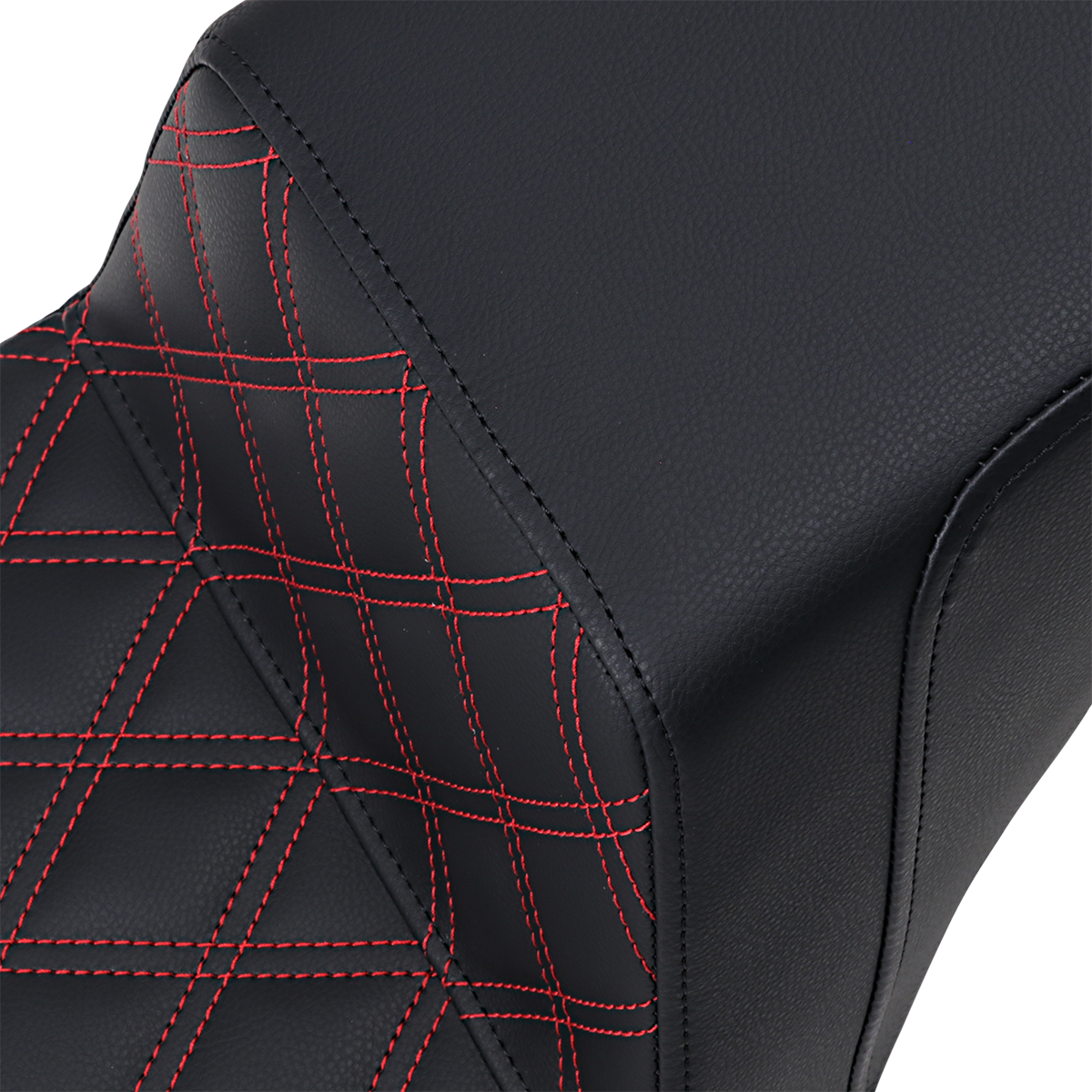 Black Saddlemens Step-Up Seat with front lattice stitch and red stitching for motorcycles, designed by Bill's Exhausts.