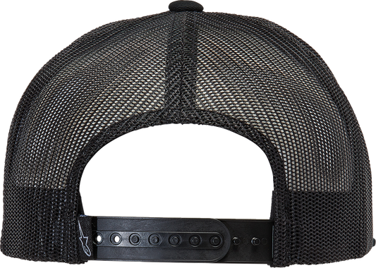 Black ALPINESTARS Bolt Trucker Hat with mesh back and embroidered logo, one size fits all, casual sports style.