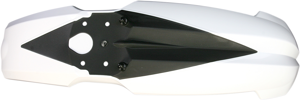 Acerbis white and black front fender for motorcycle, lightweight plastic body part with Acerbis branding and mounting points.