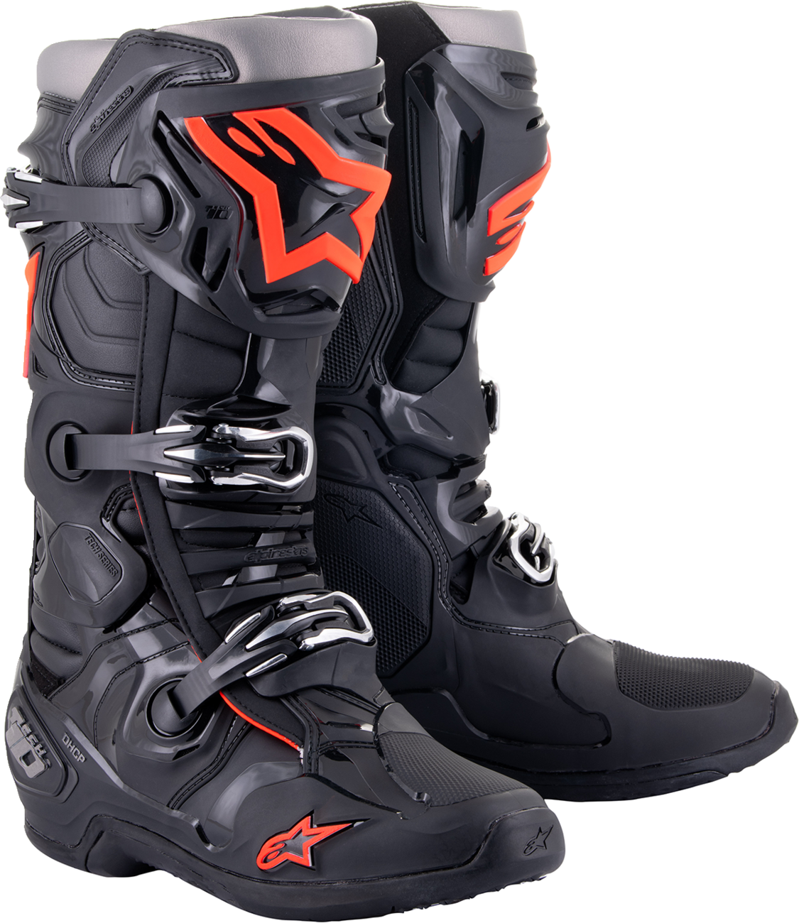 Alpinestars Tech 10 motorcycle boots in black and red fluorescent, US size 11, featuring protective armor and durable design.
