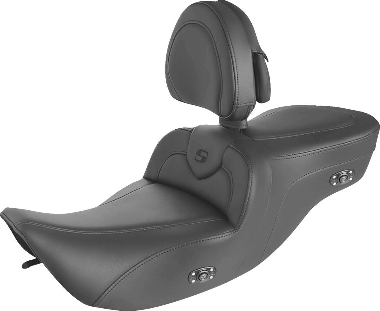 Bill's Exhausts Heated RoadSofa seat with backrest in black with black stitching, designed for comfortable motorcycle riding.