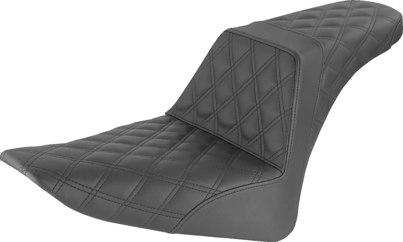 Black Saddlemens Step-Up Seat with full lattice stitch design, suitable for motorcycle seats.
