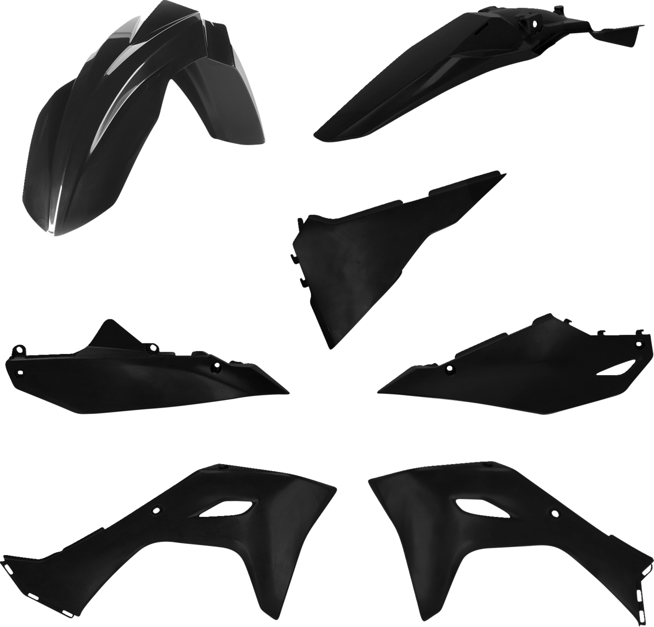 A black Acerbis full replacement body kit for a motorcycle, featuring streamlined panels and sleek design elements.