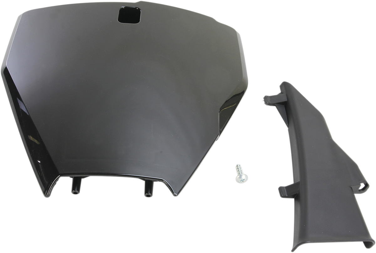 A black Acerbis front number plate for motorcycle, with mounting holes, designed for off-road or motocross bikes.