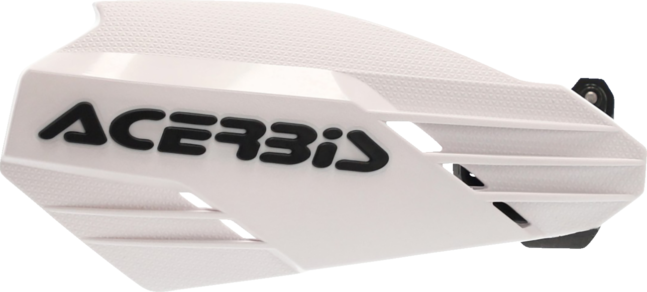 Acerbis Linear Handguards in white and black mounted on motorcycle handlebars, providing protection for rider's hands.