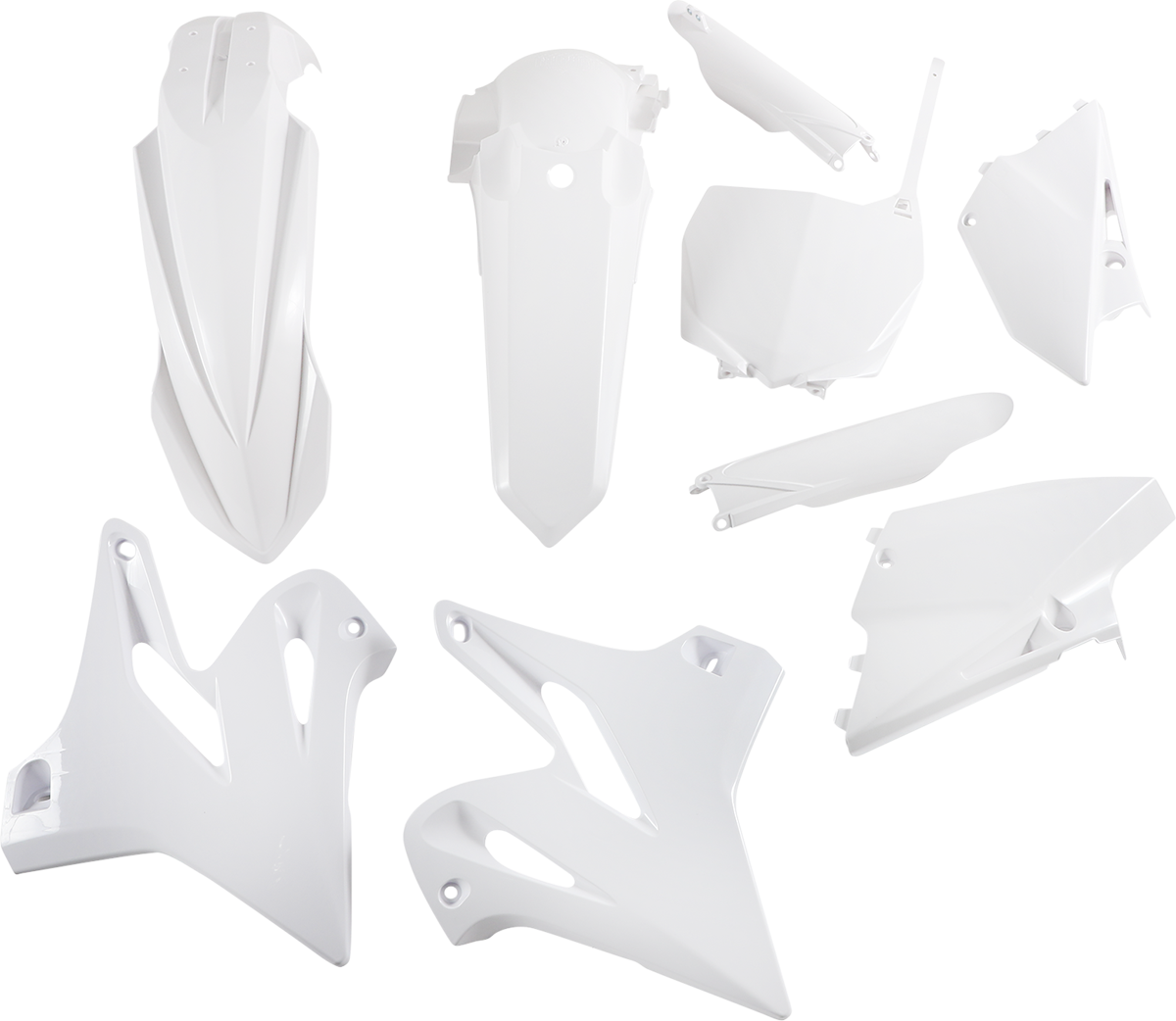 A white ACERBIS full replacement body kit for motorcycle, designed for a sleek, aerodynamic look.