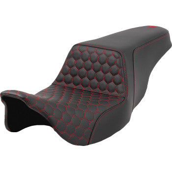 SADDLEMEN step-up motorcycle seat in honeycomb red stitching for FL models 2008-2023, designed by Bill's Exhausts.