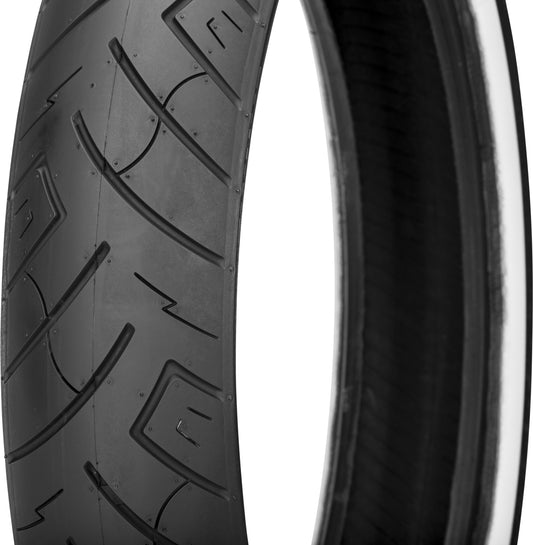 Shinko Tire 777 Cruiser heavy-duty front bias tire with white walls, 130/60-23 size, 75H load capacity on motorcycle wheel