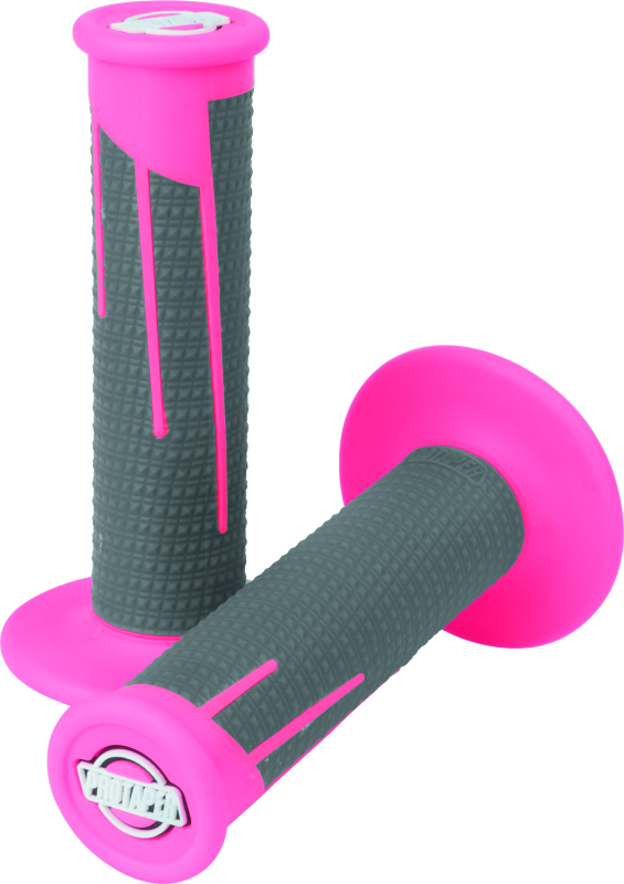 ProTaper full diamond clamp-on grips in neon pink and dark gray for motorcycle handlebars, featuring textured surface and secure fit.