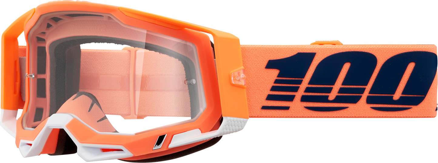 Bill's Exhausts 100% Racecraft 2 Coral Goggles with clear lenses, designed for motocross or racing activities.