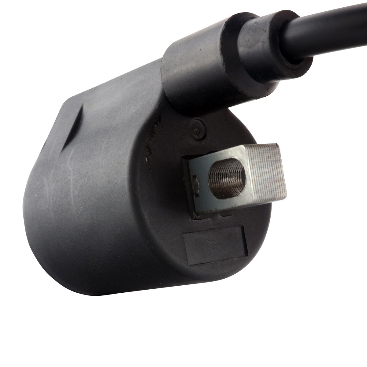 RM STATOR external ignition coil with spark plug cap, compatible with RM06049 motorcycle engine part, visible in the image.