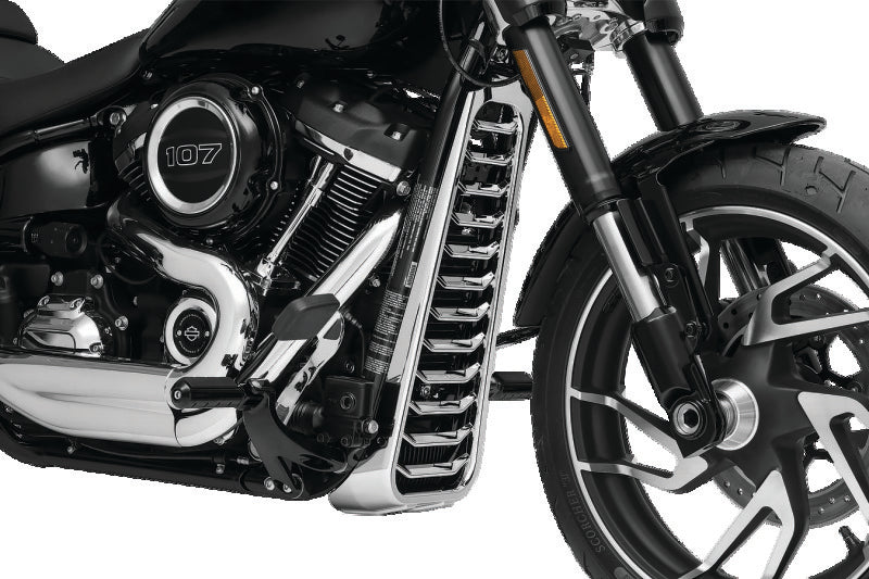 Kuryakyn Precision Chin Spoiler in chrome for M8 Softail motorcycle models, featuring sleek, aerodynamic design.