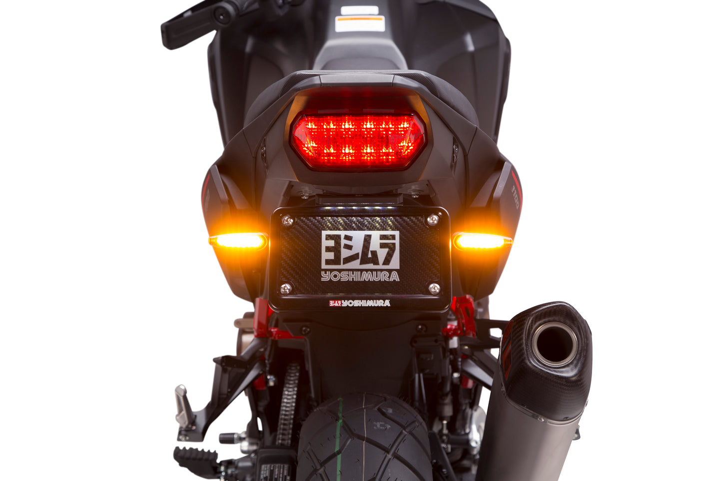 YOSHIMURA Fender Eliminator Kit for BMW motorcycle with sleek race look and integrated LED lights, designed for a clean rear profile.