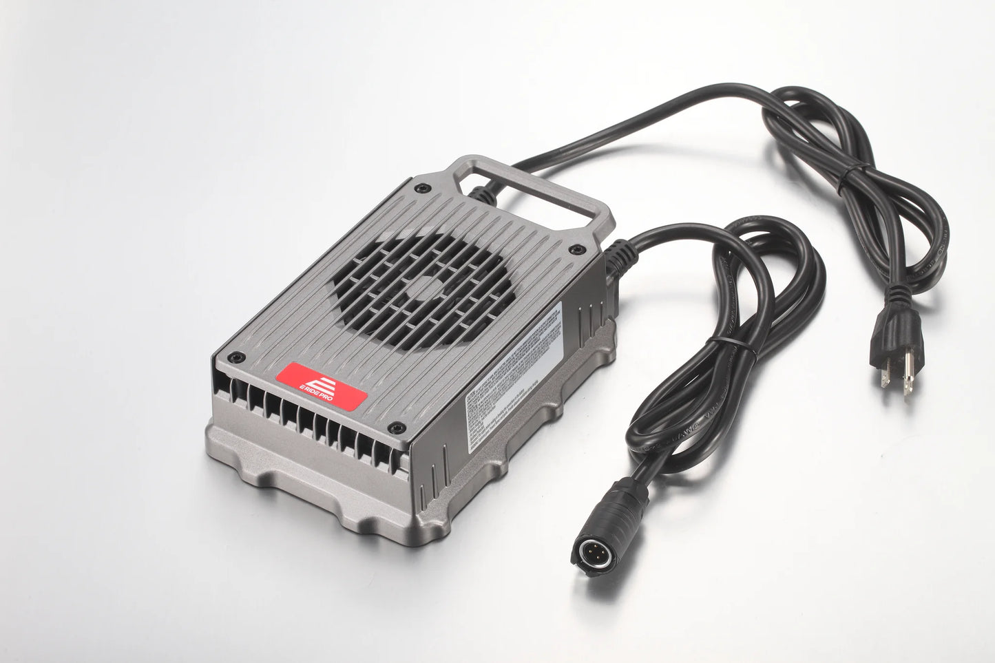 E Ride Pro 72V 10A battery charger for electric bikes and scooters, featuring a compact design and multiple compatibility options.