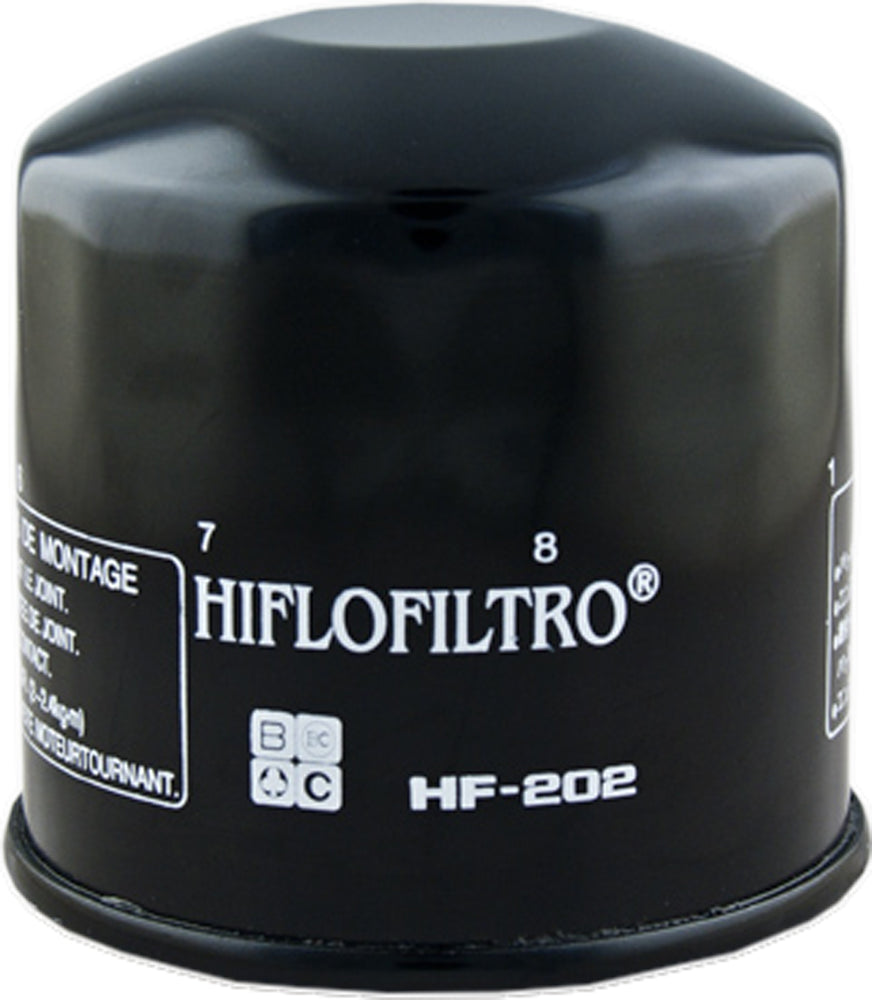 HIFLOFILTRO HF202 motorcycle oil filter showing the cylindrical metal canister with filter elements inside.