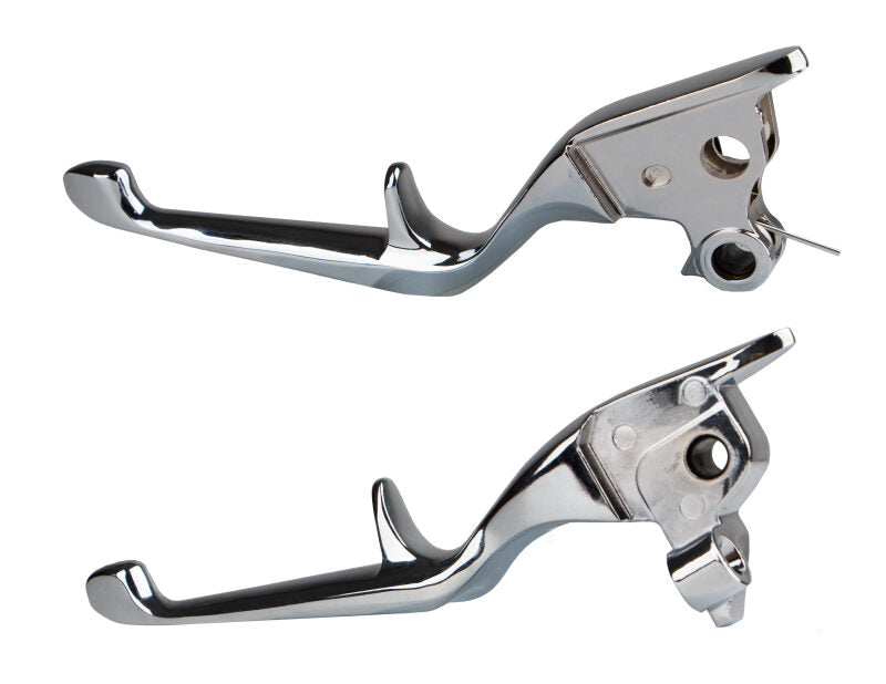 Kuryakyn Trigger Levers for Harley Touring 2021-2023 in chrome and black finishes, mounted on motorcycle handlebars.