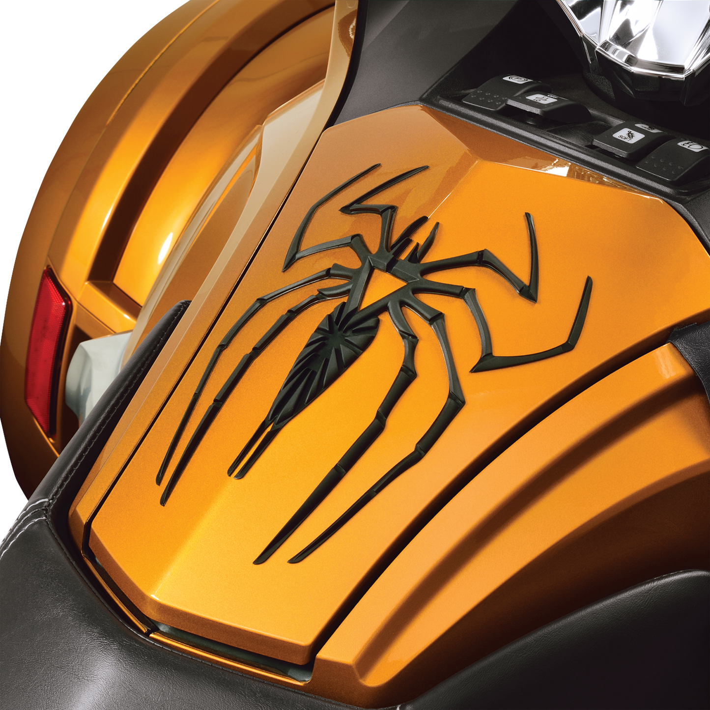 Black SHOW CHROME Spider Tank Pad for motorcycle engine protection, featuring a detailed spider design.