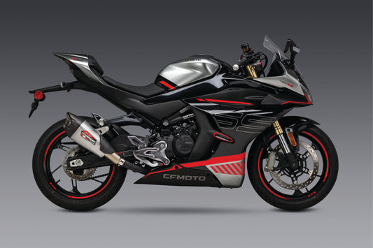 YOSHIMURA AT2 slip-on exhaust with matte carbon fiber end cap, showcasing sleek stainless steel and matte black finish.