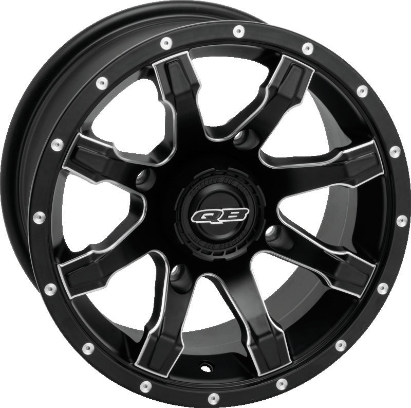 QuadBoss 12x7 PowerSports wheel with 4/110 bolt pattern and 5+2 offset, showing the black alloy wheel design.