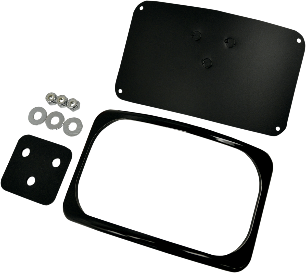 Gloss black DRAG SPECIALTIES 3-hole license plate mount for motorcycles, featuring a durable metal construction.