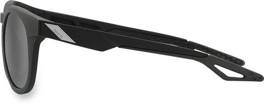 Black Campo sunglasses by Bill's Exhausts with gray PeakPolar lenses, featuring sleek frames and modern design.