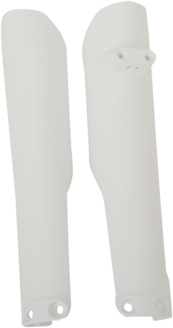 White Acerbis lower fork covers for inverted motorcycle forks, designed to protect and enhance the appearance of the front suspension.